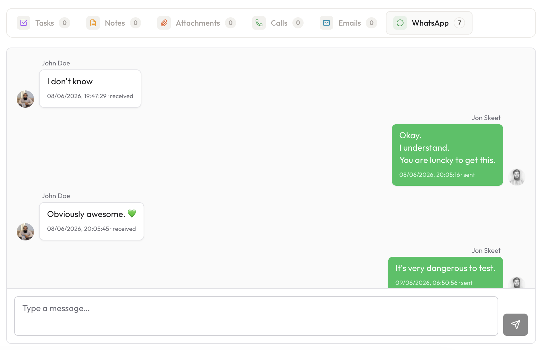 WhatsApp tab on a lead profile — two-way conversation with timestamps, type-to-reply field at the bottom