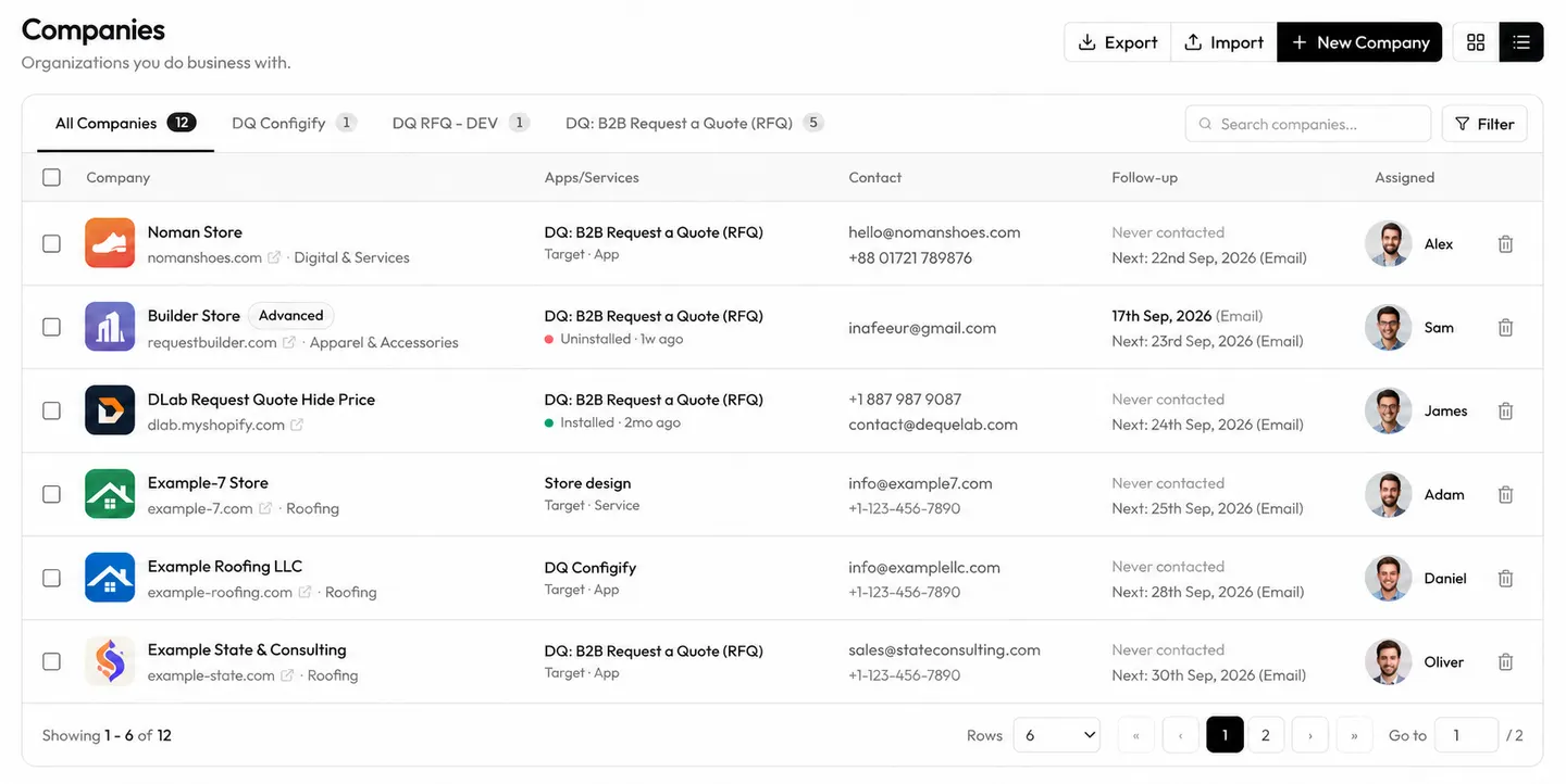 Companies table in Alliances PRO with Shopify merchants, follow-up dates and assigned owners