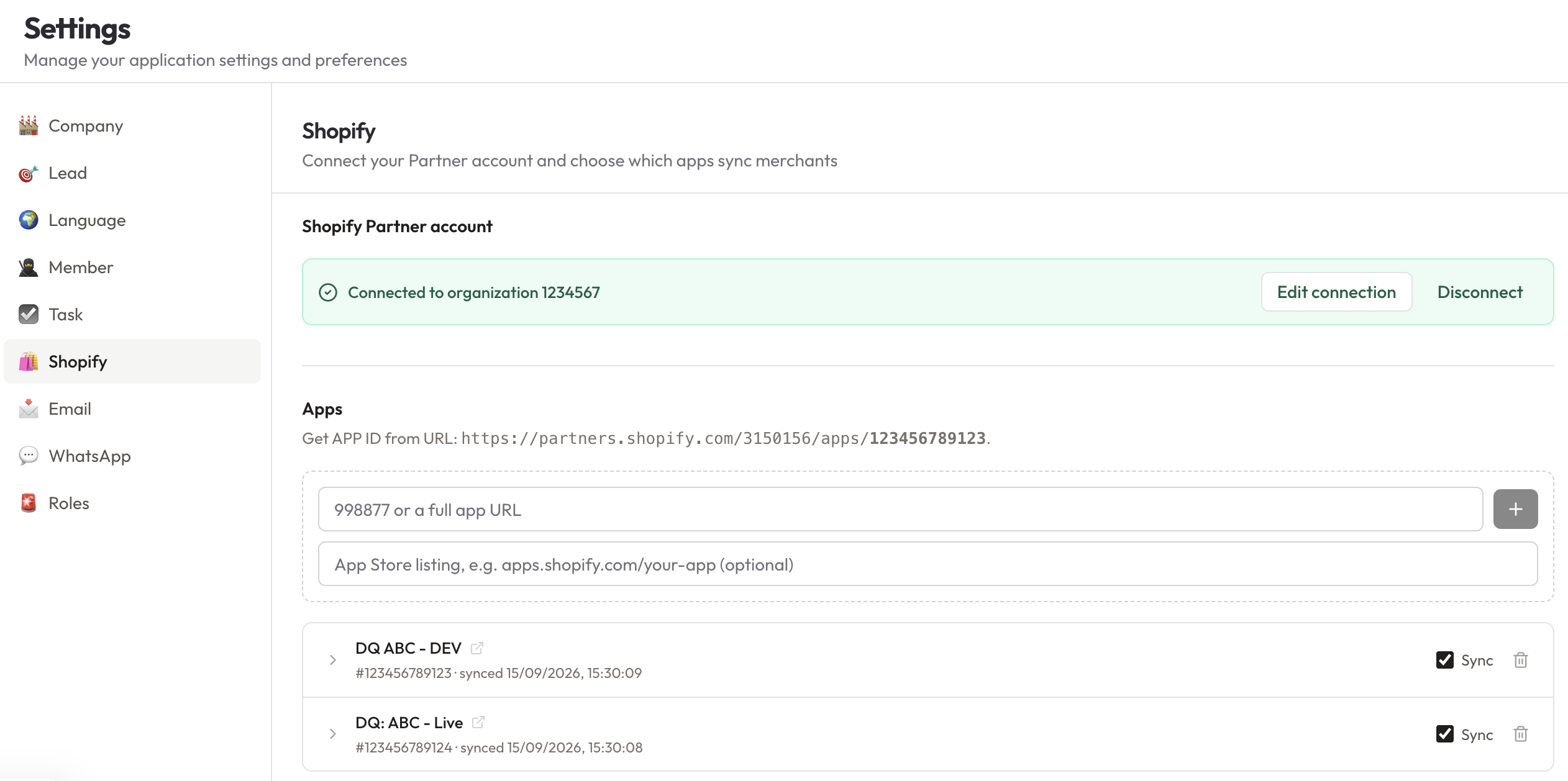 Alliances PRO settings showing the Shopify Partner page