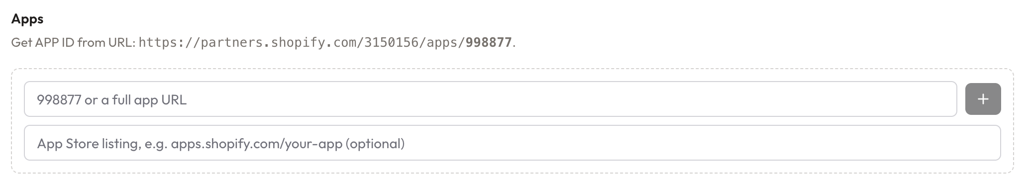 The Apps section of the Shopify settings page, with the App ID field and the optional App Store listing field
