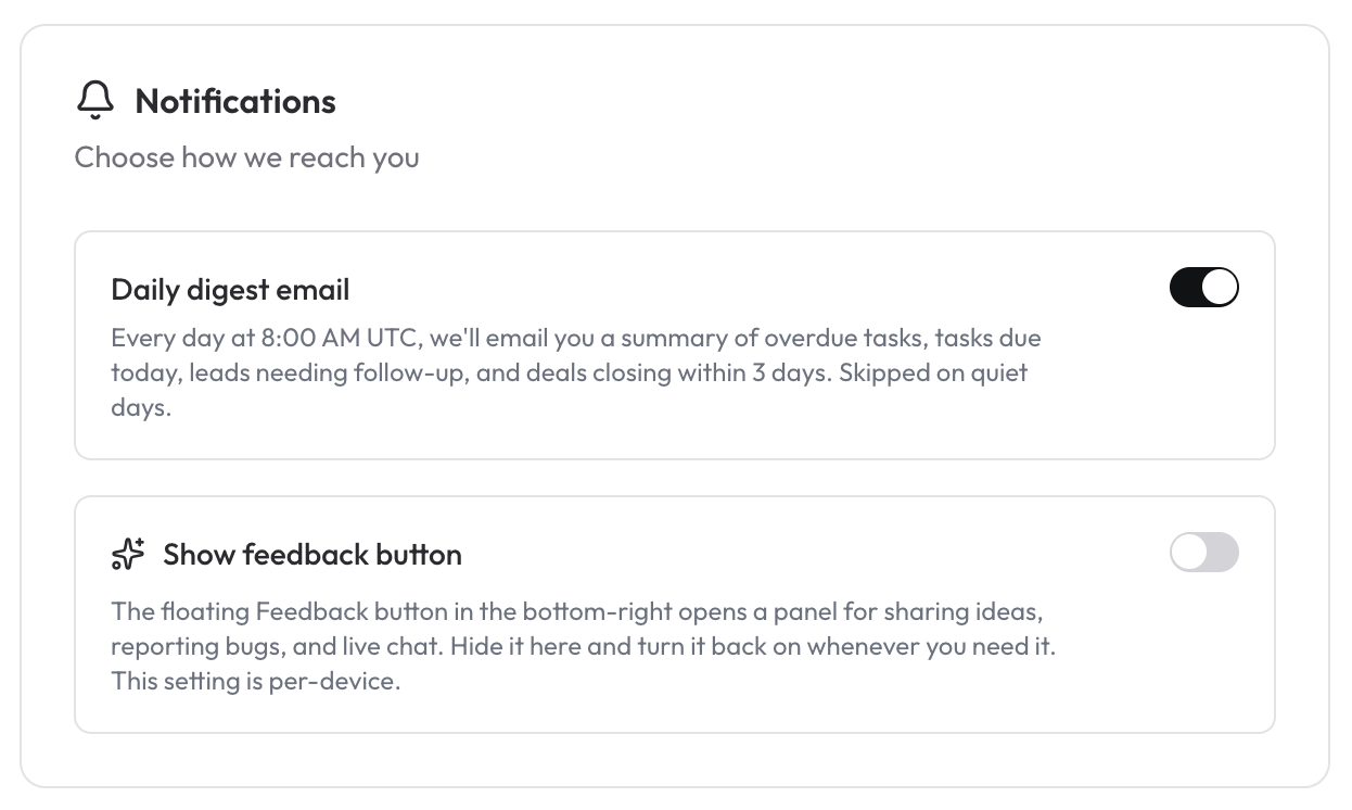 Notification settings screen showing Daily Digest Email and Feedback Button toggles