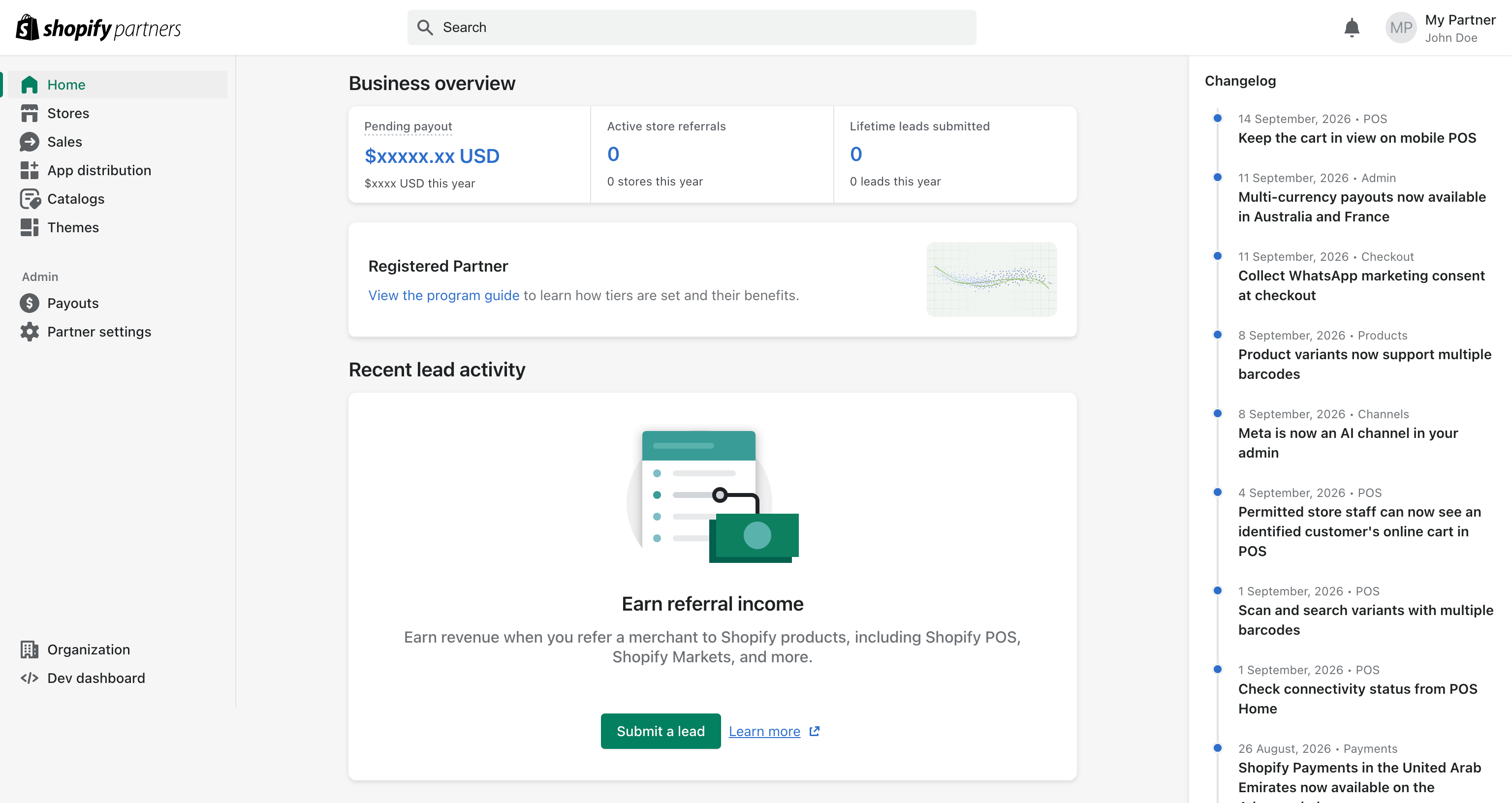 Shopify Partner Dashboard showing the permissions to create Shopify Apps and Shopify Themes
